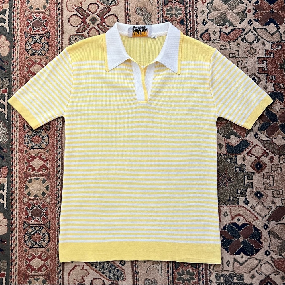 Vintage Poly Knit Yellow & White Striped Polo Top